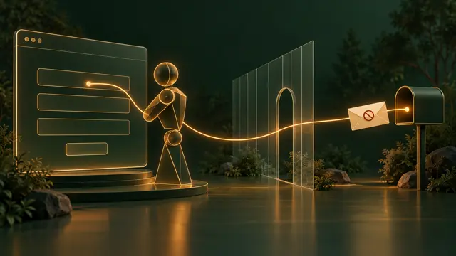A glowing line-art robot beside a large empty form on a screen; a line from it leads to an envelope with a crossed-out circle, next to a translucent frame with a single gap the line passes through