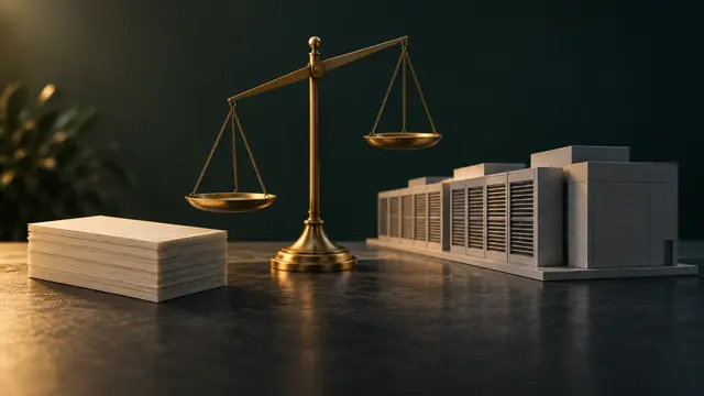 Стопка однотонных банкнот и картонная модель здания дата-центра на тёмном столе рядом с мерными весами, одна из чаш которых склонилась вниз