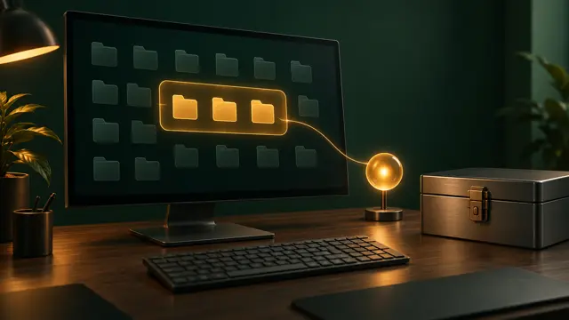 A monitor showing a grid of folders: a glowing assistant sphere reaches only three folders inside an amber outline, while the rest stay in shadow; a keyboard and a closed document box next to it