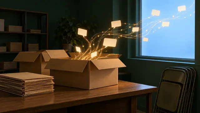 An empty office with open cardboard boxes, from which glowing threads and message-like cards stretch towards a window