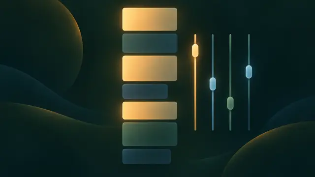 A vertical feed of blank cards, some glowing amber and some dimmed, beside several plain sliders with one pushed upward