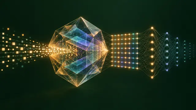 A diagram: a stream of bits enters a translucent crystal where it is mixed and leaves as a glowing grid-like matrix connected to layers of a neural network