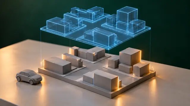 A model crossroads built from grey blocks with a translucent blue copy made of glowing lines above it and a small grey toy car beside it