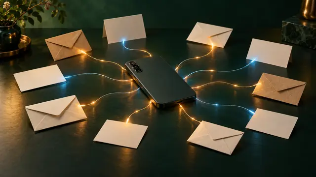 Смартфон экраном вниз на тёмном столе, от него тянутся светящиеся нити к множеству бумажных конвертов и карточек