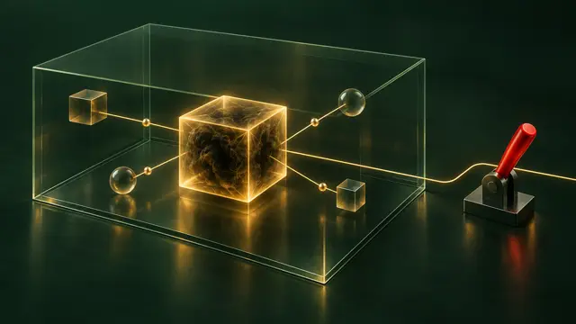 A glowing amber black-box cube inside a transparent frame with lines spreading from it and an emergency-stop lever standing beside it