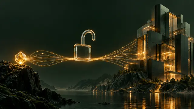 A small amber crystal with many lines on the left, a large dark structure on the right and a bridge between them carrying an open transparent padlock