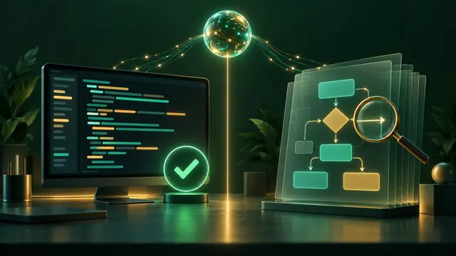 Two workstations on a dark background: on the left a monitor with coloured bars of code and a green check mark, on the right sheets with a diagram of blocks and arrows and a magnifying glass; above them a glowing sphere with threads running to both workstations