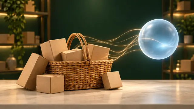 A wicker shopping basket with plain cardboard boxes and thin glowing lines running from it to a floating blue sphere